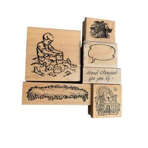 Vintage Rubber Stamps Wood Mounted Set of 6 - Boy Hedgehog Chair Grass Speech Bu